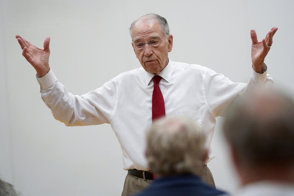 In this June 30, 2021, photo Sen. Chuck Grassley, R-Iowa, speaks during a town hall meeting in Ida Grove, Iowa. (AP Photo/Charlie Neibergall)