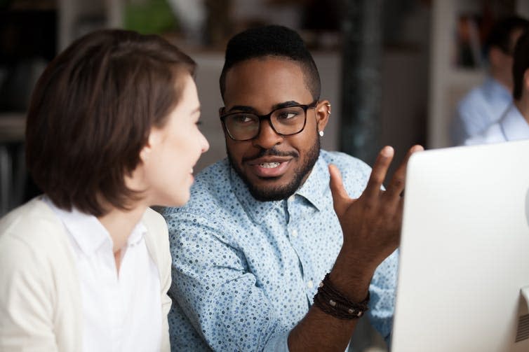 <span class="caption">Enterpreneurial support organisations offer advice, support, training and mentoring which help new start-ups develop their business.</span> <span class="attribution"><a class="link " href="https://www.shutterstock.com/image-photo/friendly-diverse-colleagues-having-conversation-office-1276205104" rel="nofollow noopener" target="_blank" data-ylk="slk:Shutterstock;elm:context_link;itc:0;sec:content-canvas">Shutterstock</a></span>