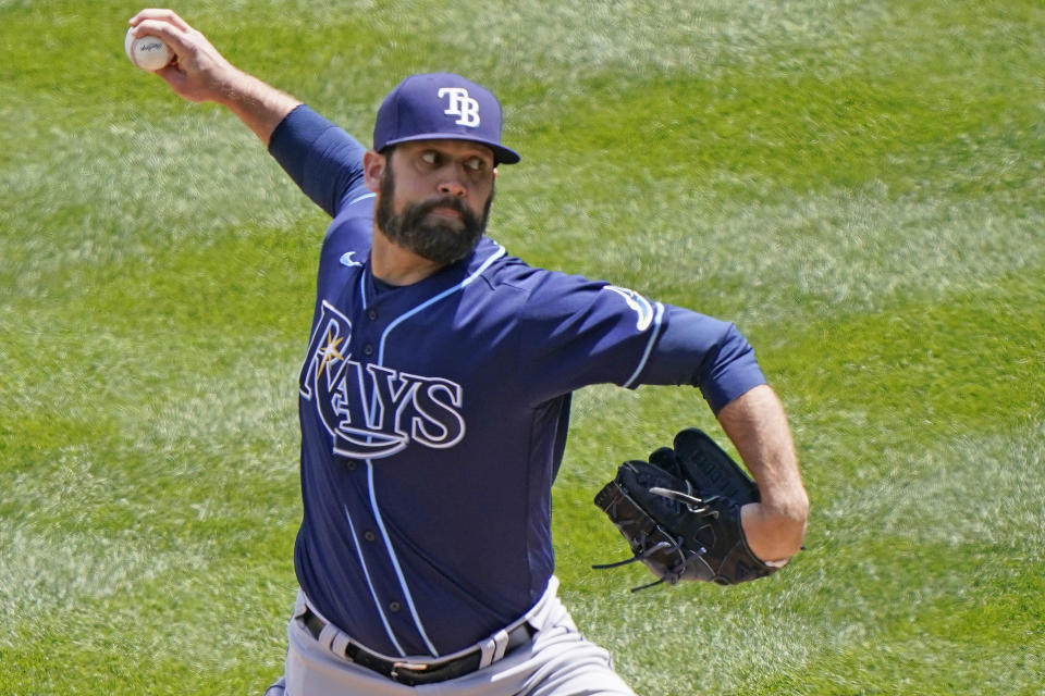 Tampa Bay Rays starting pitcher Andrew Kittredge winds up on a pitch during the first inning of a baseball game against the New York Yankees, Sunday, April 18, 2021, at Yankee Stadium in New York. (AP Photo/Kathy Willens)