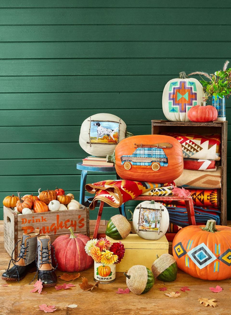 <p>Just because it's Halloween doesn't mean you have to treat your yard like it's the set of a horror movie! Stay original <em>and</em> keep things beautiful with Southwestern-inspired decorating ideas, which will keep your home looking pretty well into the fall season. Try filling a distressed crate with pumpkins (retro-inspired coolers work too!). You can also add a bouquet of fresh flowers to a plaid vintage Thermos, and paint pumpkins with Southwestern-inspired designs. </p>