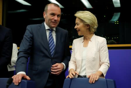 FILE PHOTO: German Defense Minister Ursula von der Leyen, who has been nominated as European Commission President, arrives at the European Parliament in Strasbourg