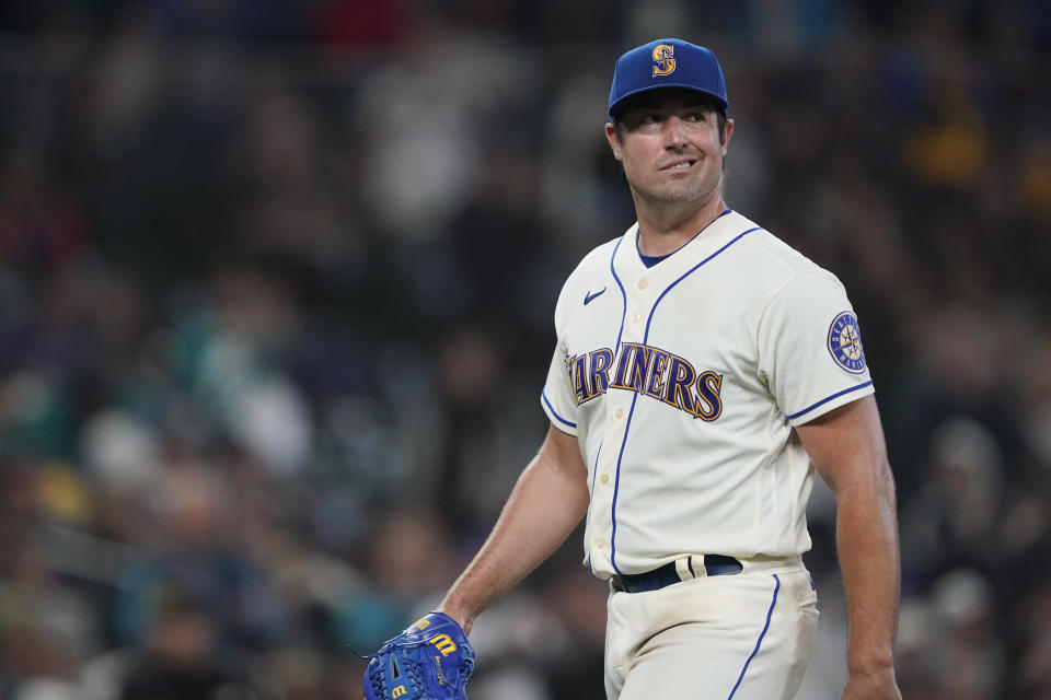 Seattle Mariners starting pitcher Robbie Ray, walks to the dugout after he was pulled during the seventh inning of a baseball game against the Oakland Athletics, Sunday, July 3, 2022, in Seattle. (AP Photo/Ted S. Warren)