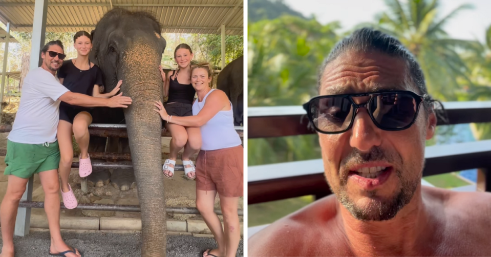 Colin Fassnidge and family with elephant, and colin fassnidge with sunglasses on