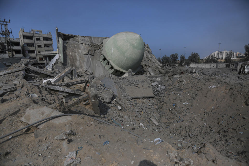A destroyed mosque caused by the ongoing Israeli airstrikes on Gaza City, Saturday, Oct. 28, 2023. (AP Photo/Abed Khaled)