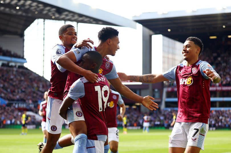 Moussa Diaby celebrates with Ollie Watkins after putting Aston Villa in the lead