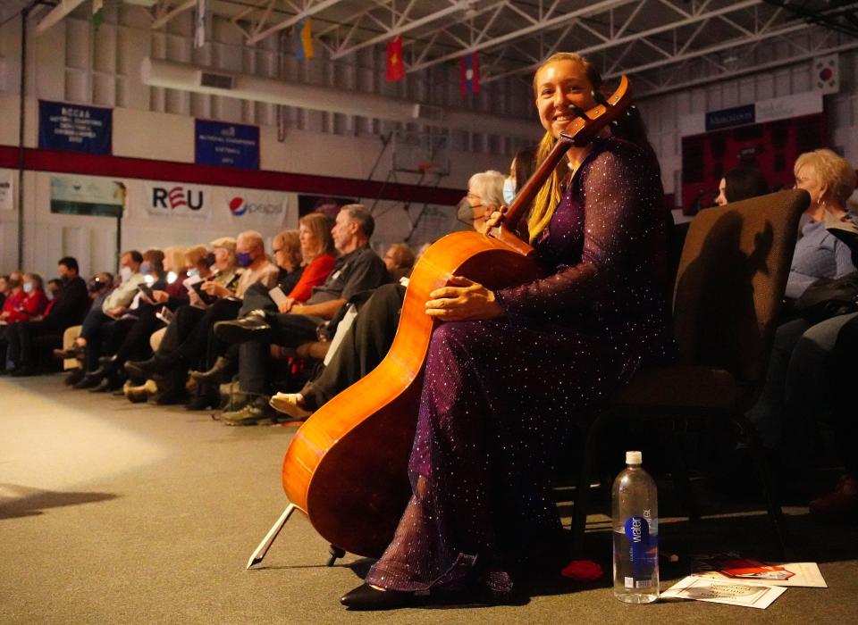 Alissa Johnson of Redding, who is homeless and plays the cello, performed at Simpson University's annual Christmas concert on Sunday, Dec. 5, 2021.