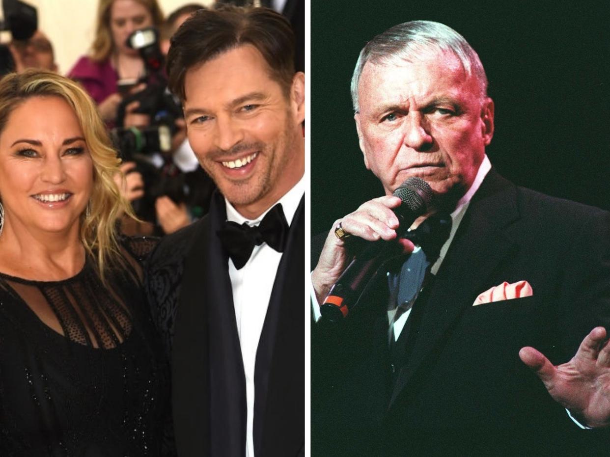 Jill Goodacre and Harry Connick Jr at an event in 2018, and Frank Sinatra performing in 1992: Getty Images/PA