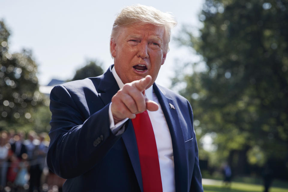 In this Aug. 9, 2019, photo, President Donald Trump talks to reporters on the South Lawn of the White House in Washington. Trump is showcasing the growing effort to capitalize on western Pennsylvania’s natural gas deposits by turning gas into plastics. (AP Photo/Evan Vucci)