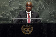 Burundi's Foreign Minister Ezechiel Nibigira, addresses the 74th session of the United Nations General Assembly, Monday, Sept. 30, 2019. (AP Photo/Richard Drew)