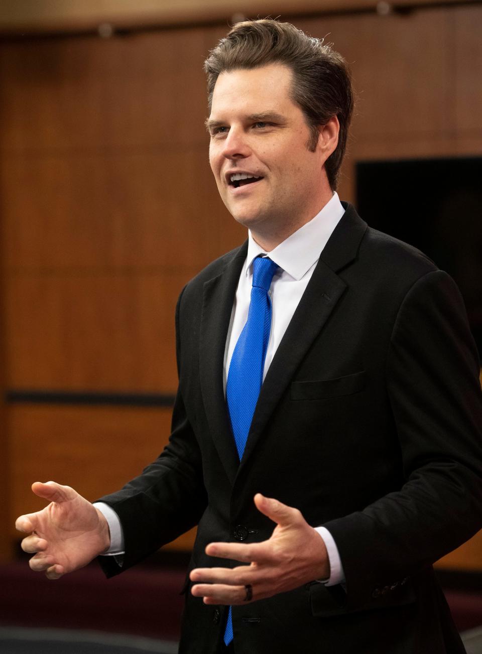 U.S. Rep. Matt Gaetz speaks at a campaign stop Aug. 22 at the WSRE Amos Studio at Pensacola State College.