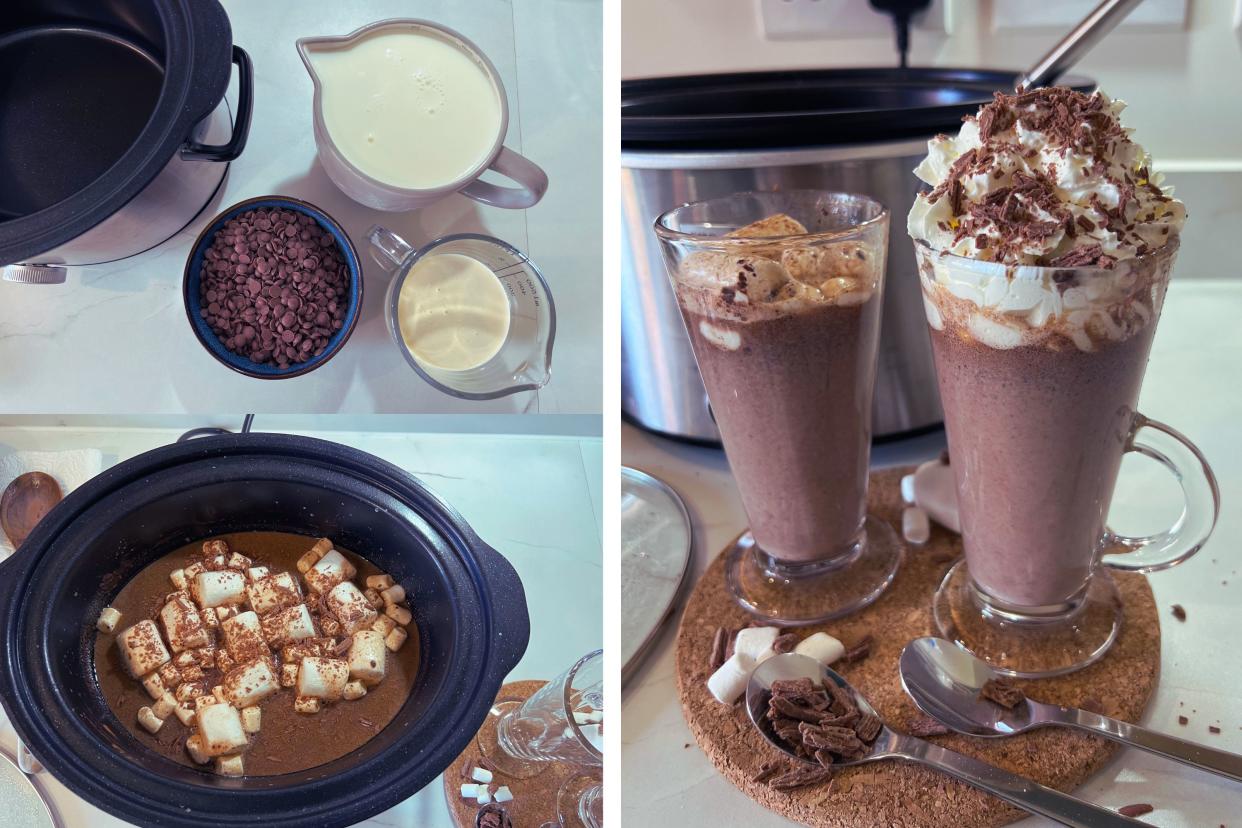  Collage of hot chocolate being made in slow cooker including glass of hot chocolate topped with whipped cream. 