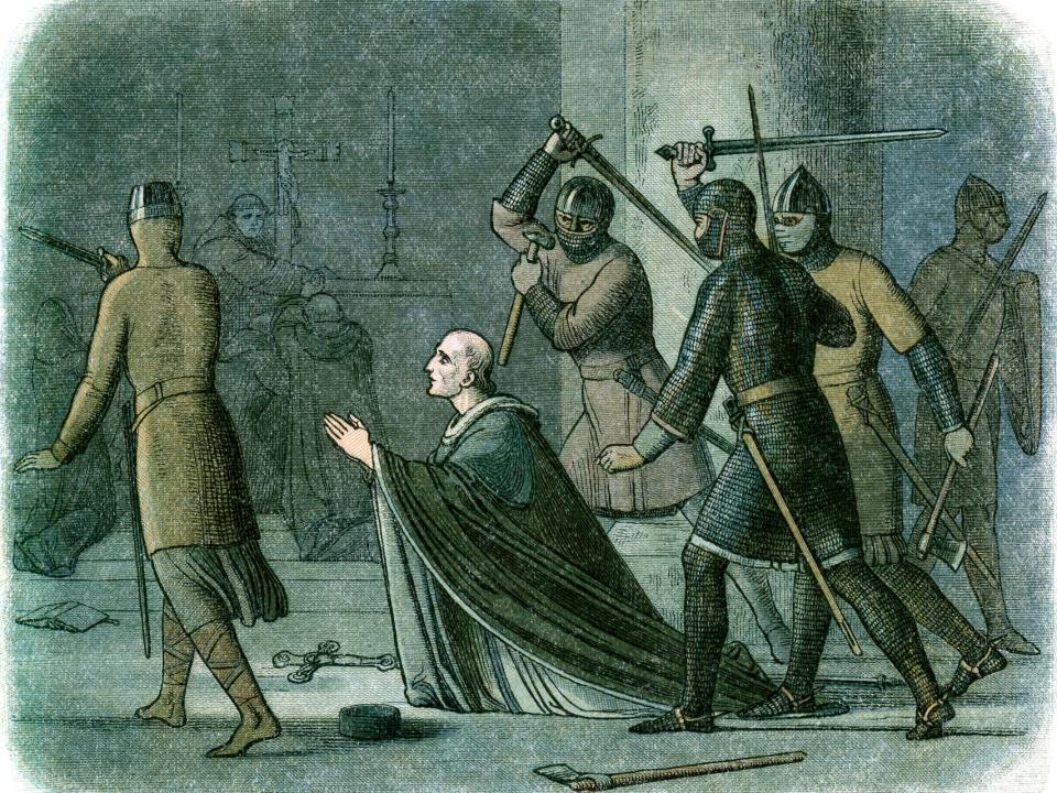 Vintage colour engraving from 1864 showing the murder of Thomas Becket in Canterbury Cathedral: Getty