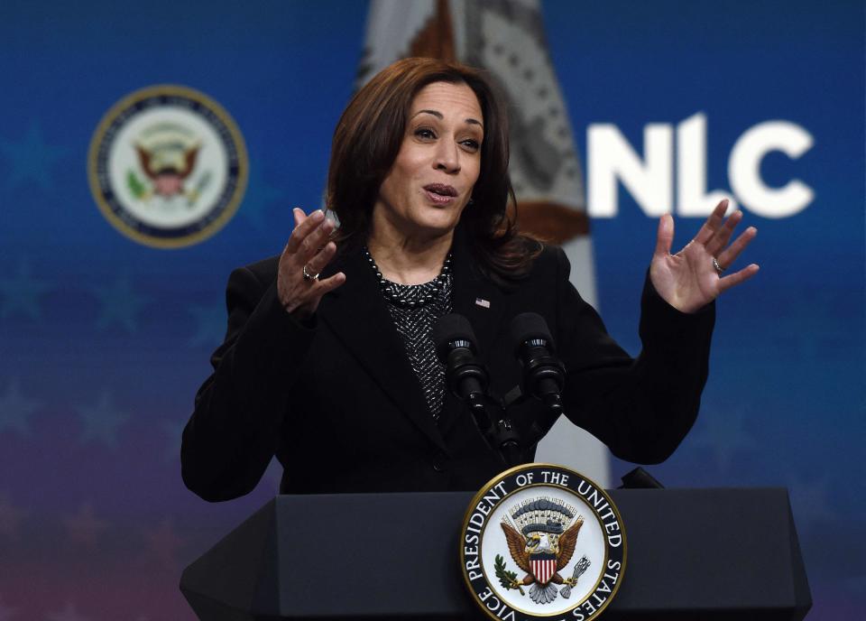 US Vice President Kamala Harris delivers remarks to the National League of Cities in the South Court Auditorium of the White House in Washington, DC, on March 8, 2021.