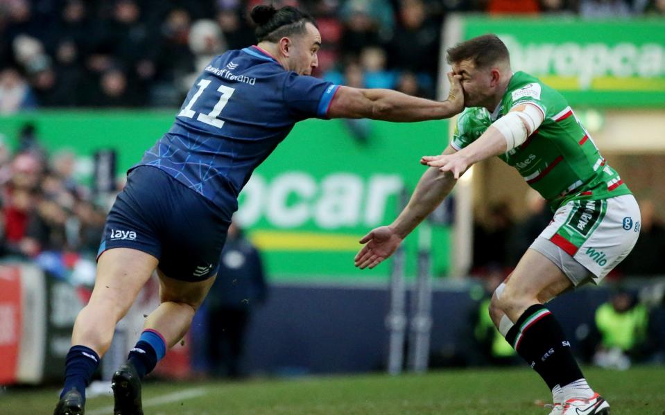 Mattioli Woods Welford Road Stadium, Leicester, Britain - January 20, 2024 Leinster's James Lowe in action with Leicester Tigers' Harry Simmons