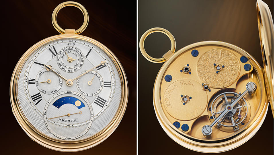 The dial and caseback displays of Roger W. Smith's Pocket Watch Number Two headed to Phillips auction. 