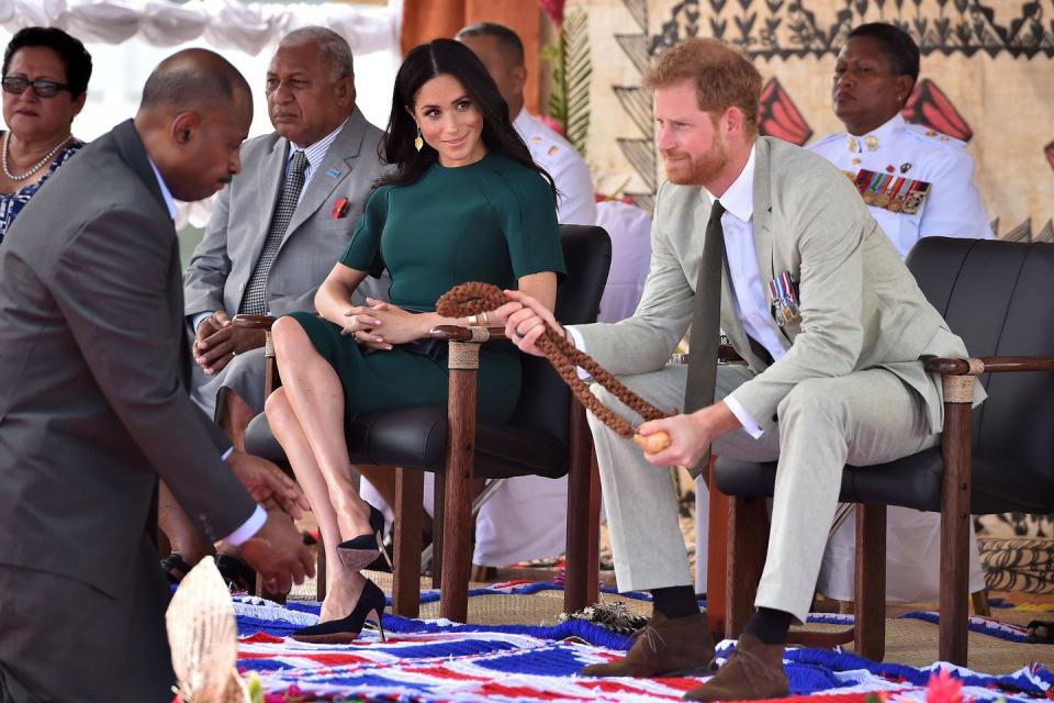 <p><strong>25 October </strong>Prince Harry received a whale tooth necklace. </p>