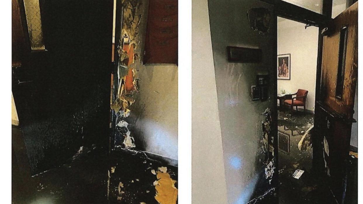 PHOTO: Damage caused to Sen. Bernie Sanders' office door in Burlington, Vermont, on April 5, 2024, is shown in this image released included in a federal criminal complaint filed against suspect Shant Michael Soghomonian, 35. (Federal Bureau of Alcohol, Tobacco, Firearms and Explosives)