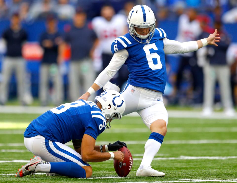 Indianapolis Colts kicker Michael Badgley (6) kicks a field goal Sunday, Oct. 17, 2021, during a game against the Houston Texans at Lucas Oil Stadium in Indianapolis.