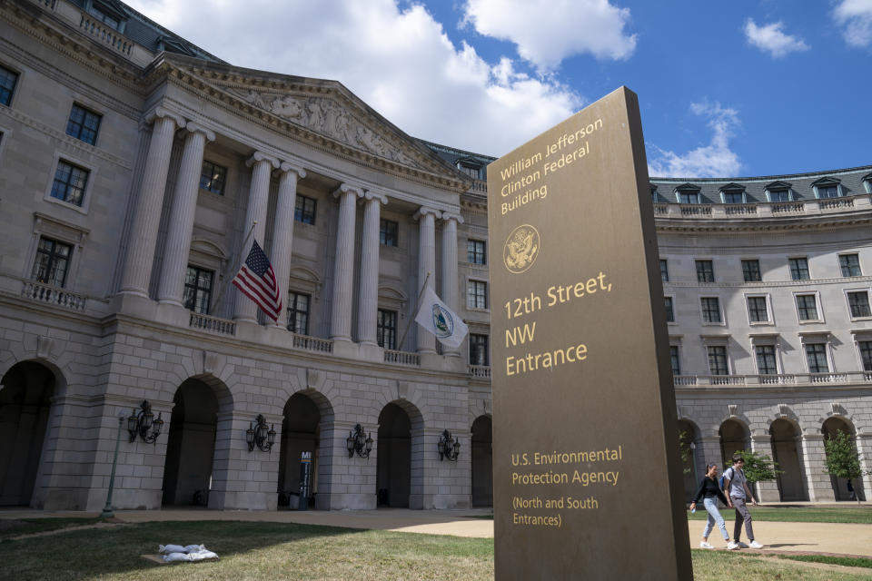 The headquarters of the Environmental Protection Agency is seen in Washington as President Donald Trump announces that his administration is revoking California's authority to set auto mileage standards stricter than those issued by federal regulators, Wednesday, Sept. 18, 2019. Critics say the move would result in less fuel efficient cars that create more planet-warming pollution. (AP Photo/J. Scott Applewhite)