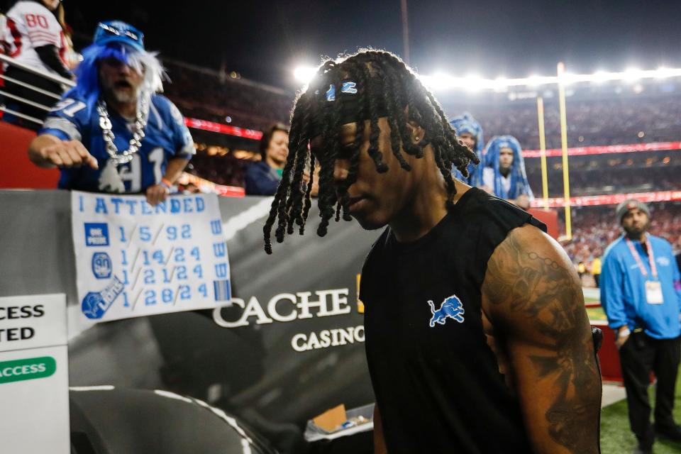Lions running back Jahmyr Gibbs walks off the field after the 34-31 loss to the 49ers in the NFC championship game in Santa Clara, California, on Sunday, Jan. 28, 2024.