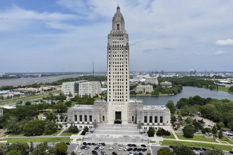 FILE - The Louisiana state Capitol stands on April 4, 2023, in Baton Rouge, La. A slew of legislation, including a first-of-its-kind law that allows judges to impose the punishment of surgical castration for offenders guilty of certain sex crimes against children, went into effect Thursday, Aug. 1, 2024. (AP Photo/Stephen Smith, File)