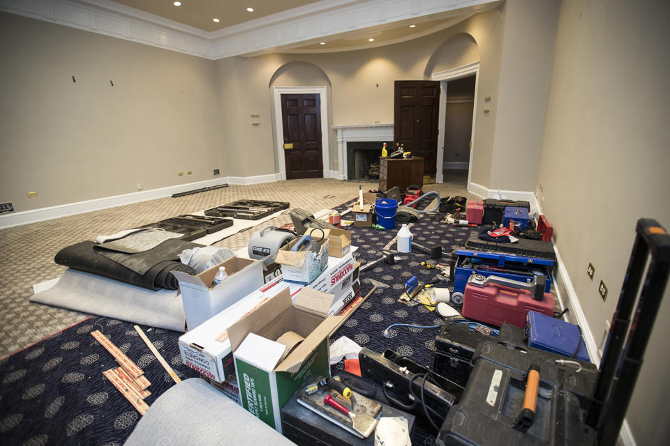 <p>The Roosevelt Room in the the West Wing of the White House is undergoing renovations while President Donald Trump is spending time at his golf resort in New Jersey, Friday, Aug. 11, 2017, in Washington. (AP Photo/J. Scott Applewhite) </p>