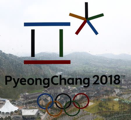 The PyeongChang 2018 Winter Olympic Games logo is seen at the the Alpensia Ski Jumping Centre in Pyeongchang, South Korea, September 27, 2017. REUTERS/Pawel Kopczynski