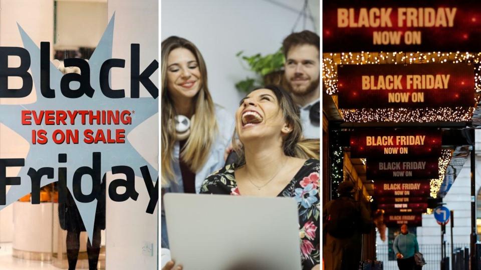 Black Friday shop signs on the left and right, with a woman laughing maniacally in front of a computer in the centre.