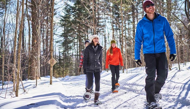 Three people snow-showing in the woods