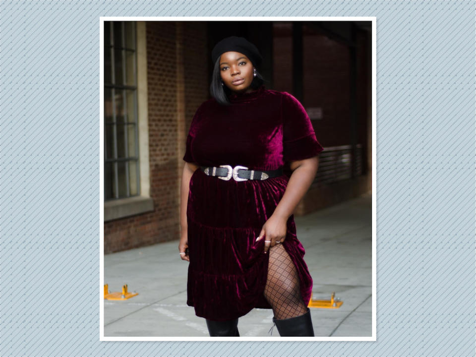 <p>A velour dress is a classic fall essential. <a rel="nofollow noopener" href="https://www.instagram.com/p/BZy3wEqFuwe/?hl=en&taken-by=onacurve" target="_blank" data-ylk="slk:Valerie Eguavoen;elm:context_link;itc:0;sec:content-canvas" class="link ">Valerie Eguavoen</a> styles it perfectly by belting it at the waist and pairing with fishnet tights to add texture. (Photo: Valerie Eguavoen) </p>