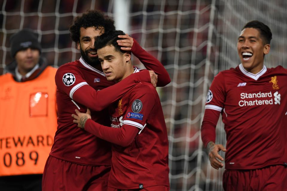 Mohamed Salah, Philippe Coutinho, Roberto Firmino and Sadio Mane (not pictured) spearheaded Liverpool’s drubbing of Spartak Moscow. (Getty)