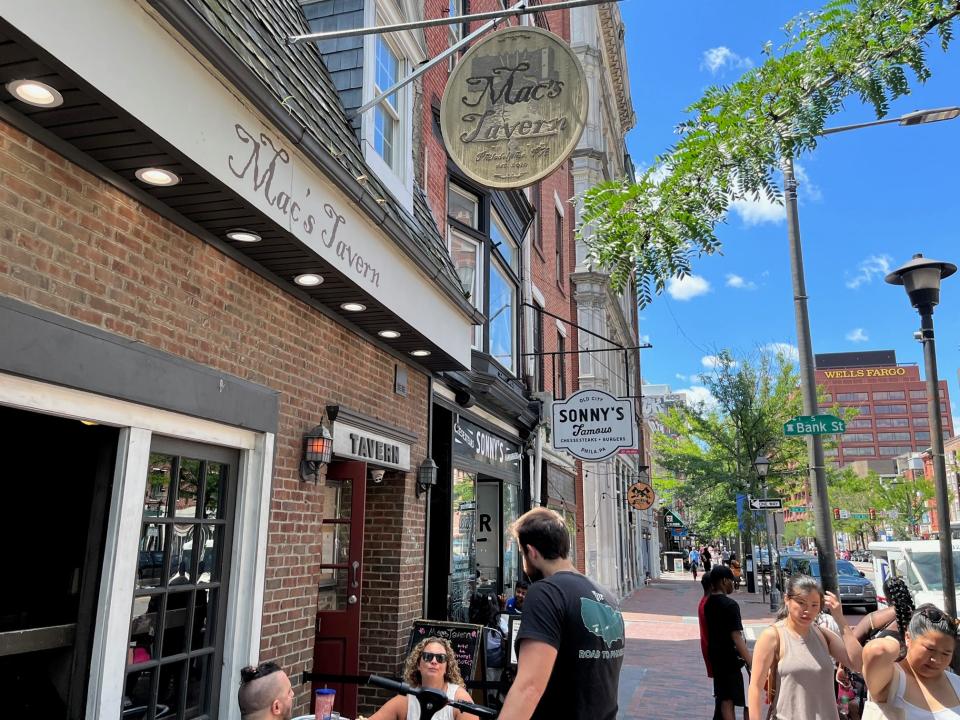 Exterior of Mac's Tavern in Philadelphia. The bar is owned by series co-stars Rob McElhenney and Kaitlin Olson.