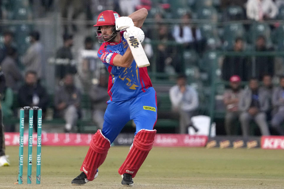 Karachi Kinds' James Vince plays a shot during the Pakistan Super League T20 cricket match between Peshawar Zalmi and Karachi Kinds, in Lahore, Pakistan Wednesday, Feb. 21, 2024. (AP Photo/K.M. Chaudary)