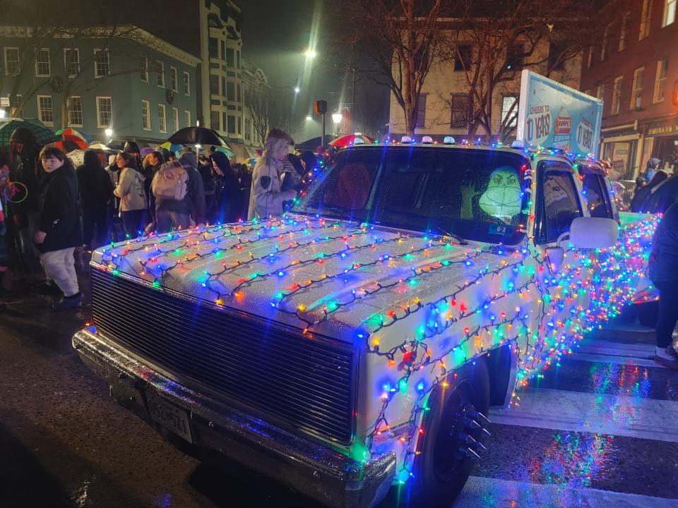 A truck decked out in Christmas lights, with the Grinch behind the wheel, was on display at the Middletown Valley Bank Krumpe's Donut Drop in downtown Hagerstown on Dec. 31, 2022.