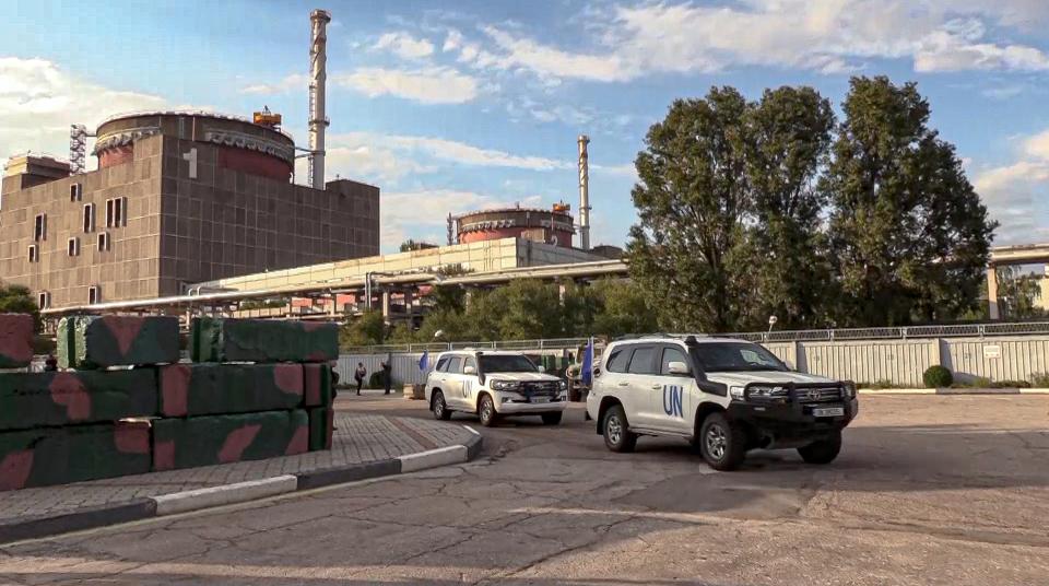 In this handout photo taken from video released by Russian Defense Ministry Press Service on Friday Sept. 2, 2022, a motorcade with members of International Atomic Energy Agency (IAEA) leaves after inspecting the Zaporizhzhia Nuclear Power Plant in Enerhodar, southeastern Ukraine Thursday Sept. 1, 2022. A U.N. inspection team has arrived at Ukraine's Zaporizhzhia nuclear power plant on a mission to safeguard it from catastrophe. It reached the site Thursday amid fighting between Russian and Ukrainian forces that prompted the shutdown of one reactor and underscored the urgency and the danger of the task. (Russian Defense Ministry Press Service via AP)