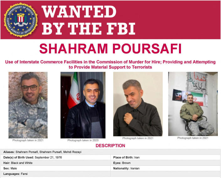 An FBI wanted poster of Shahram Poursafi, also known as Mehdi Rezayi, of Tehran, Iran