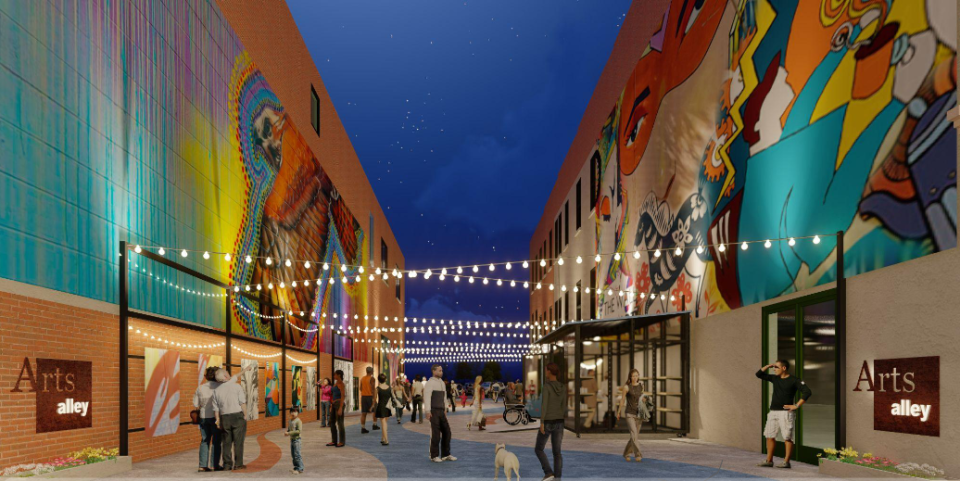 A rendering of the renovated Arts Alley, looking north towards the river.