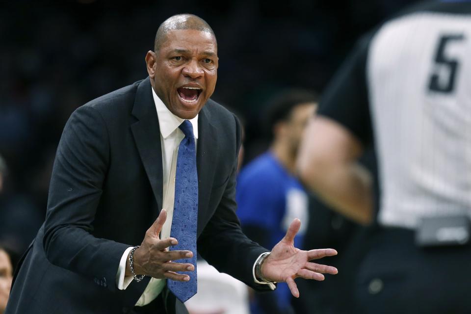 Los Angeles Clippers coach Doc Rivers protests a call during the second half of the team's NBA basketball game against the Boston Celtics in Boston, Saturday, Feb. 9, 2019. (AP Photo/Michael Dwyer)