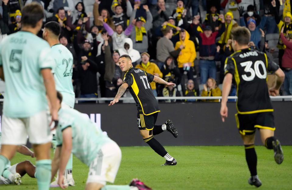 Mar 25, 2023; Columbus, Ohio, USA; Columbus Crew forward Christian Ramirez (17) celebrates after scoring a goal against Atlanta United during the second half of their MLS game at Lower.com Stadium. 