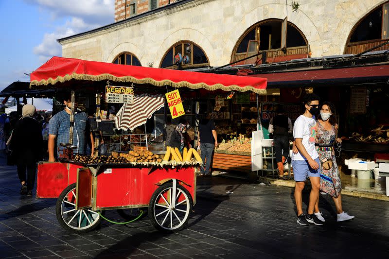 A street vendor waits for customers near at the Spice Market also known as the Egyptian Bazaar in Istanbul