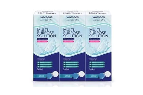 Watsons Multi-Purpose Solution For Contact Lens Extra Comfort With Lens Case Included (Cleans & Disinfects) 360Ml X 3. (Photo: Amazon SG)