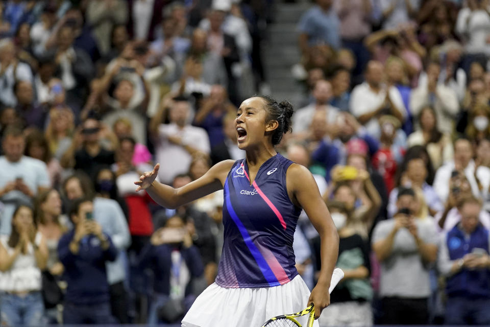 Leylah Fernandez, of Canada, reacts after defeating Aryna Sabalenka,of Belarus, during the semifinals of the US Open tennis championships, Thursday, Sept. 9, 2021, in New York. (AP Photo/Seth Wenig)