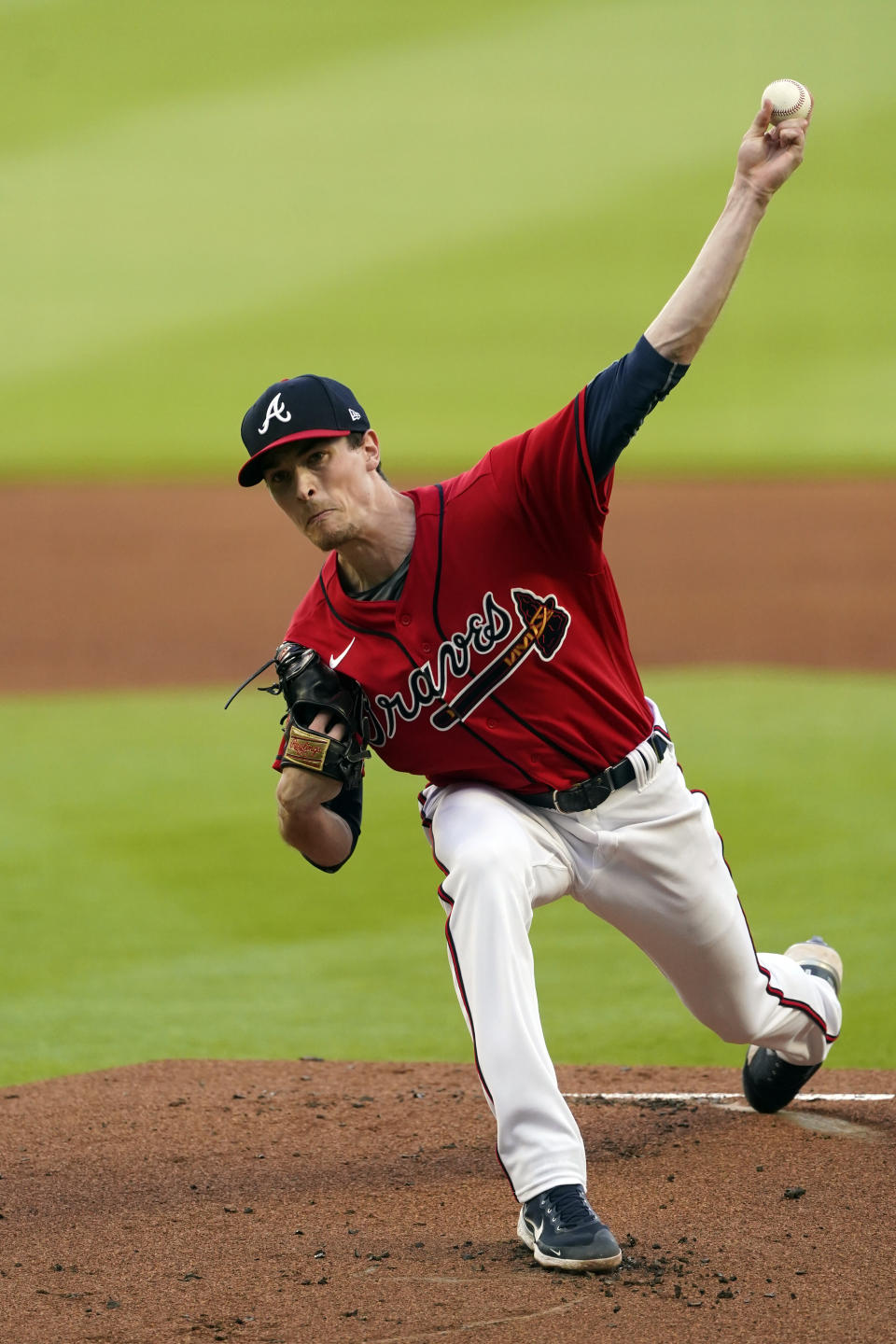 Atlanta Braves starting pitcher Max Fried delivers against the San Diego Padres in the first inning of a baseball game Friday, May 13, 2022, in Atlanta. (AP Photo/John Bazemore)