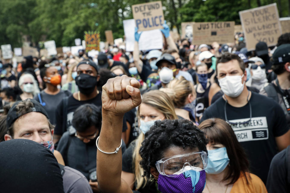 Protesters gather for a rally at Cadman Plaza Park, Thursday, June 4, 2020, in New York. Protests continued following the death of George Floyd, who died after being restrained by Minneapolis police officers on May 25. (AP Photo/John Minchillo)