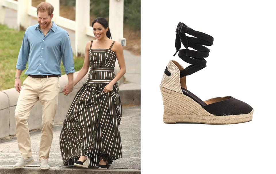 Meghan Markle wears Soludos espadrilles on Bondi Beach with Prince Harry.