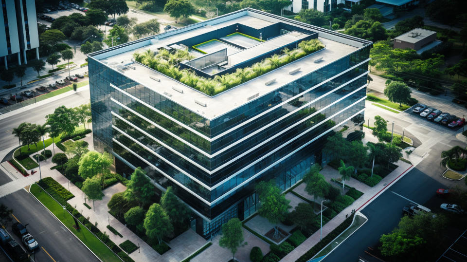 An aerial view of an office building, displaying the company's commercial properties portfolio.