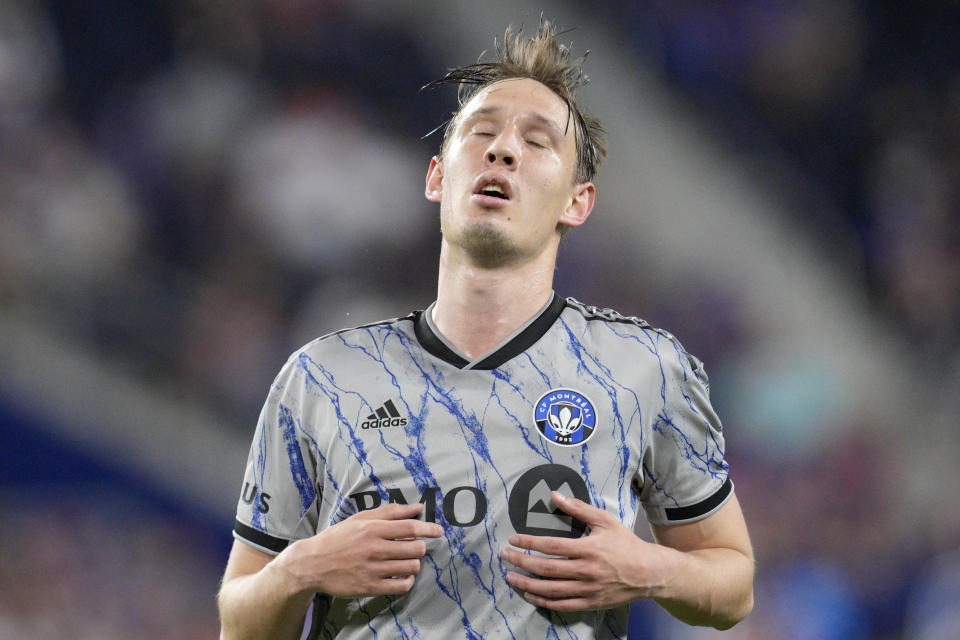 CF Montréal's Lassi Lappalainen reacts after being called offsides during the second half of an MLS soccer match against FC Cincinnati Wednesday, May 17, 2023, in Cincinnati. (AP Photo/Jeff Dean)