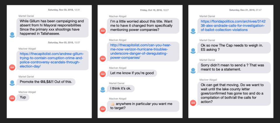 Los documentos filtrados incluían capturas de pantalla de mensajes entre Daniel Martell, vicepresidente de asuntos legislativos de FPL, y la entonces consultora de Matrix, Abigail MacIver, que mostraban cómo los ejecutivos de la compañía eléctrica asesoraban las operaciones en The Capitolist a través de intermediarios como MacIver.
