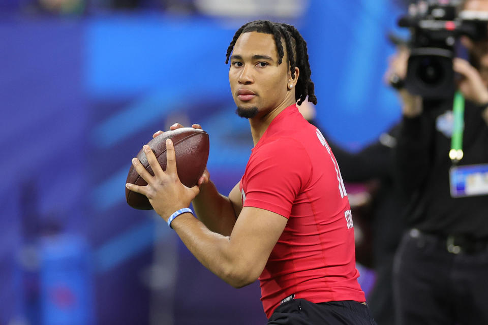 INDIANAPOLIS, INDIANA - MARCH 04: CJ Stroud of Ohio State participates in a drill during the NFL Combine at Lucas Oil Stadium on March 04, 2023 in Indianapolis, Indiana. (Photo by Stacy Revere/Getty Images)