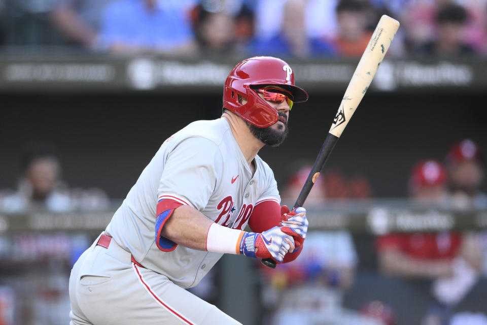 FILE - Philadelphia Phillies' Kyle Schwarber bats during a baseball game against the Baltimore Orioles, Saturday, June 15, 2024, in Baltimore. The Phillies have reinstated first baseman Bryce Harper and designated hitter Kyle Schwarber from the 10-day injured list and could have both key players as they face the Los Angeles Dodgers in a matchup of division leaders. (AP Photo/Nick Wass, File)